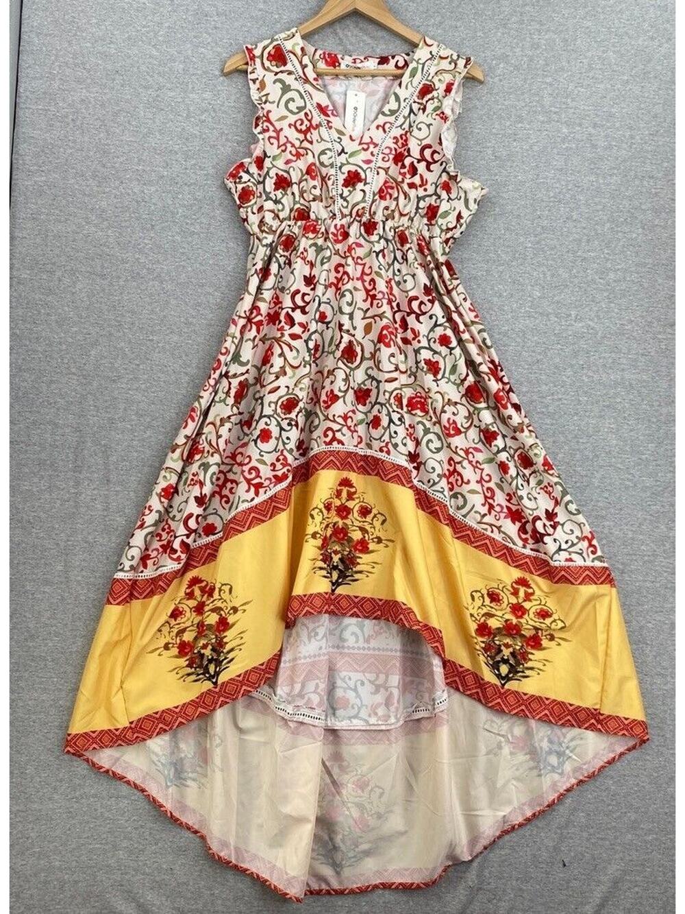 OC Order Plus Dress Womens Large Red Yellow Floral Hi Low Sleeveless V Neck